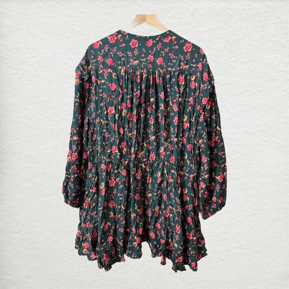 Free People Boho Floral Dress M Green Pink Long Sleeve Button Peasant Tunic - Picture 3 of 10
